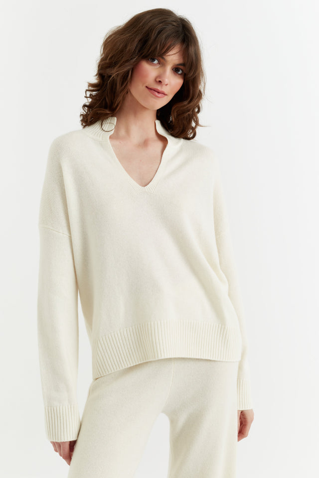 Cream Pure Cashmere V-Neck Funnel Sweater image 1
