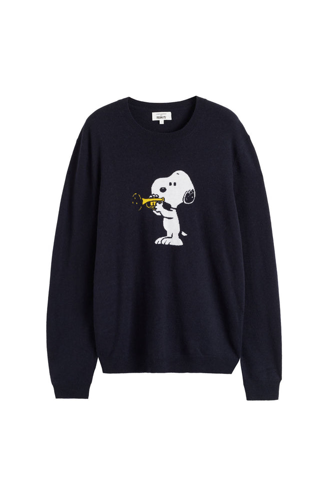 Navy Wool-Cashmere Men's Elbow Patch Snoopy Sweater image 2