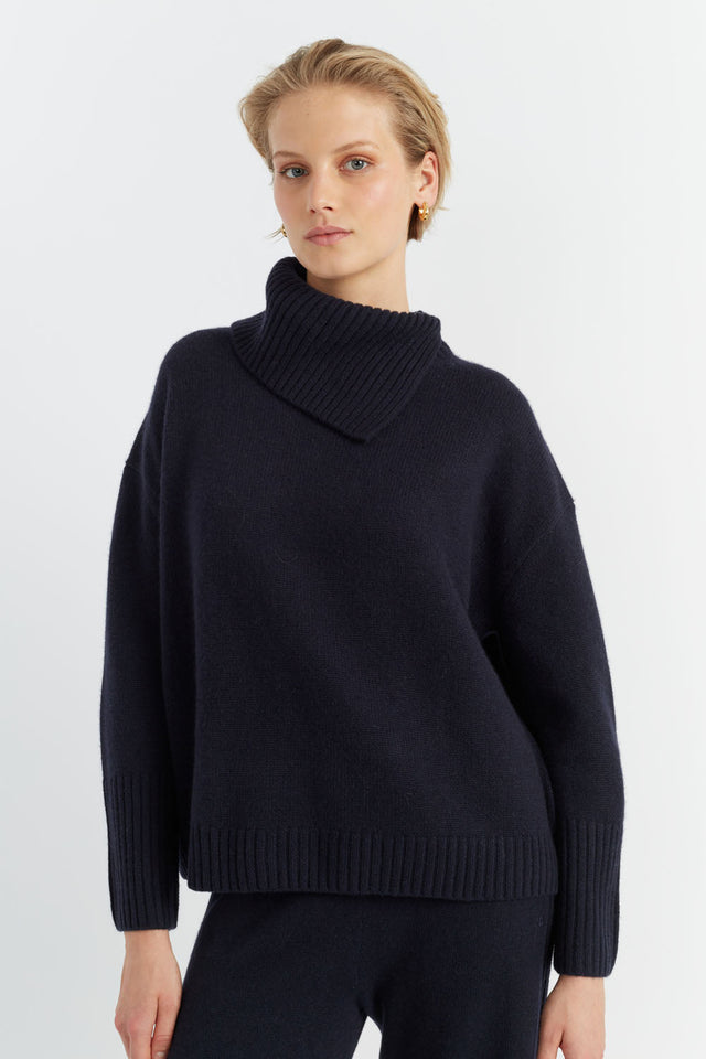 Navy Pure Cashmere Asymmetric Sweater image 1