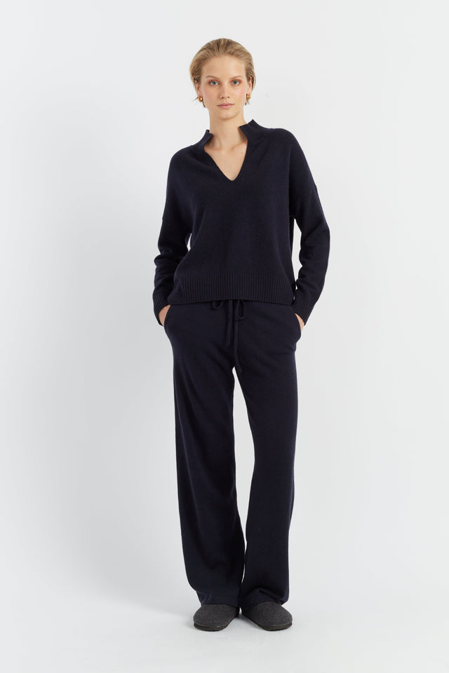 Navy Pure Cashmere V-Neck Funnel Sweater image 3