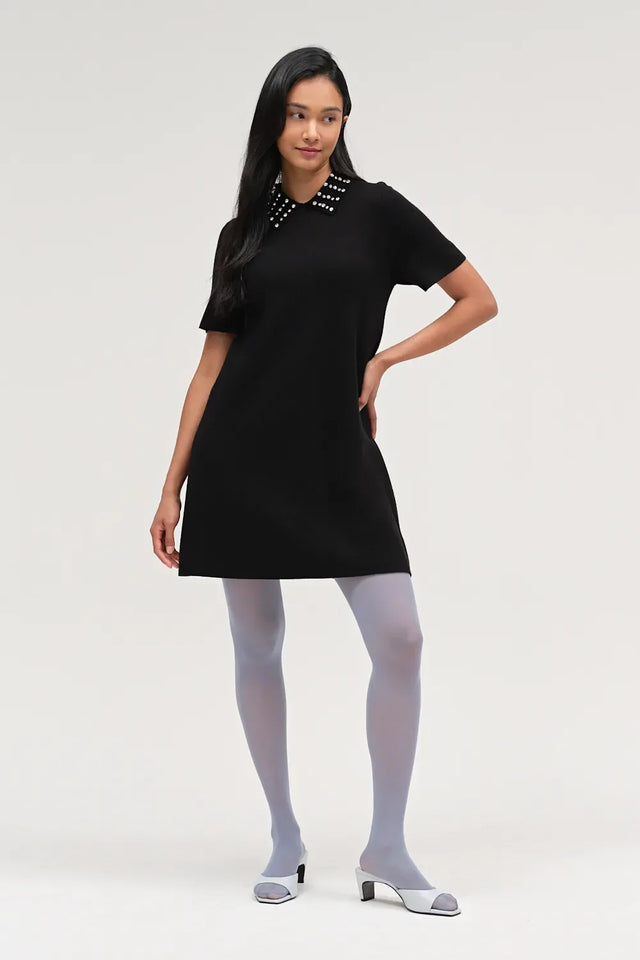 Black Pure Merino Jewelled Collar Dress image 2