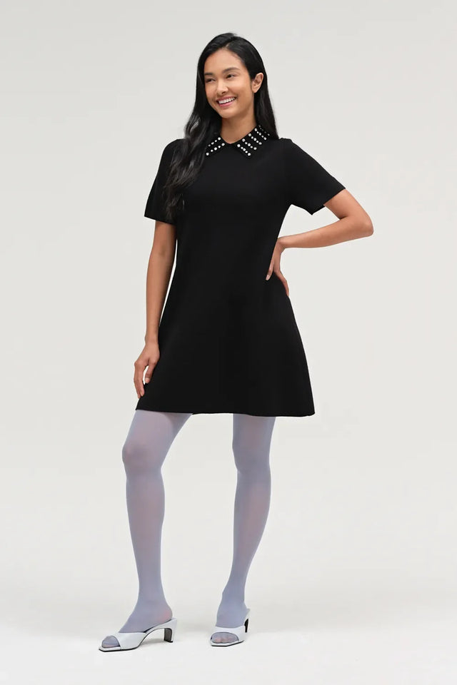 Black Pure Merino Jewelled Collar Dress image 4