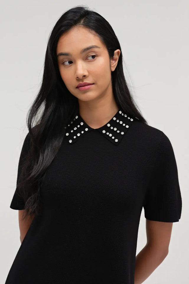 Black Pure Merino Jewelled Collar Dress image 5