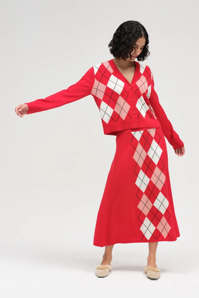 Red Wool-Cashmere Argyle Cardigan image 5