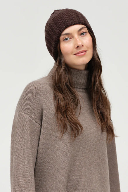 Chocolate Wool-Cashmere Ribbed Beanie