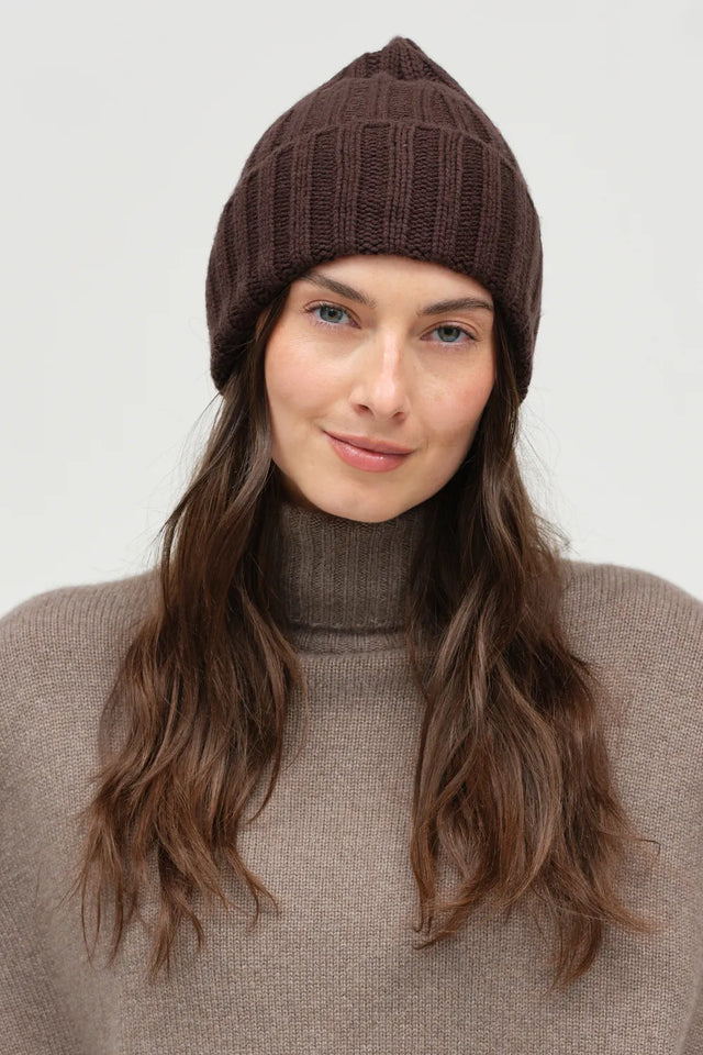 Chocolate Wool-Cashmere Ribbed Beanie image 2