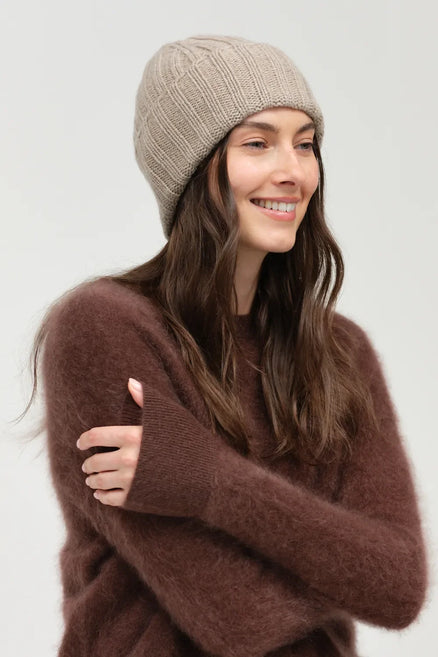 Warm-Oatmeal Wool-Cashmere Ribbed Beanie