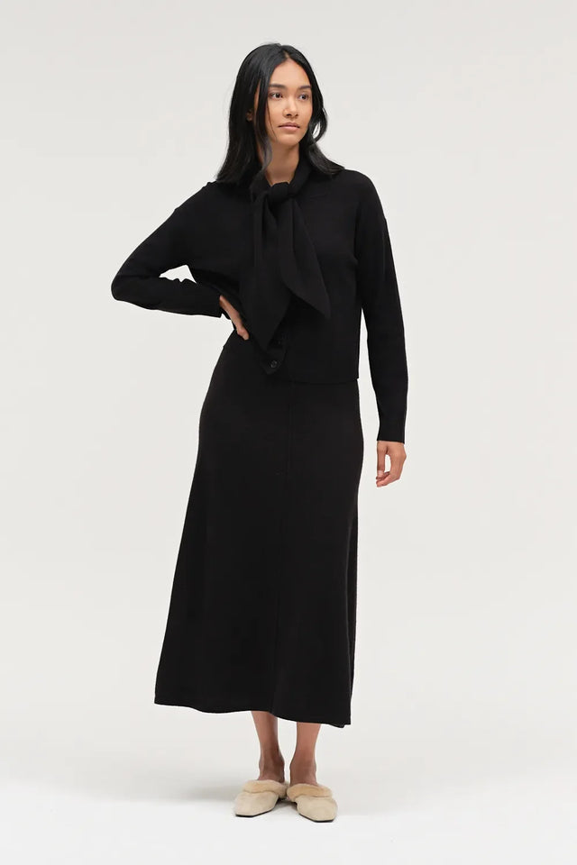 Black Wool-Cashmere Tie Neck Cardigan image 2