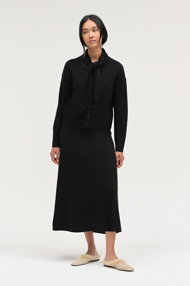 Black Wool-Cashmere Tie Neck Cardigan image 5