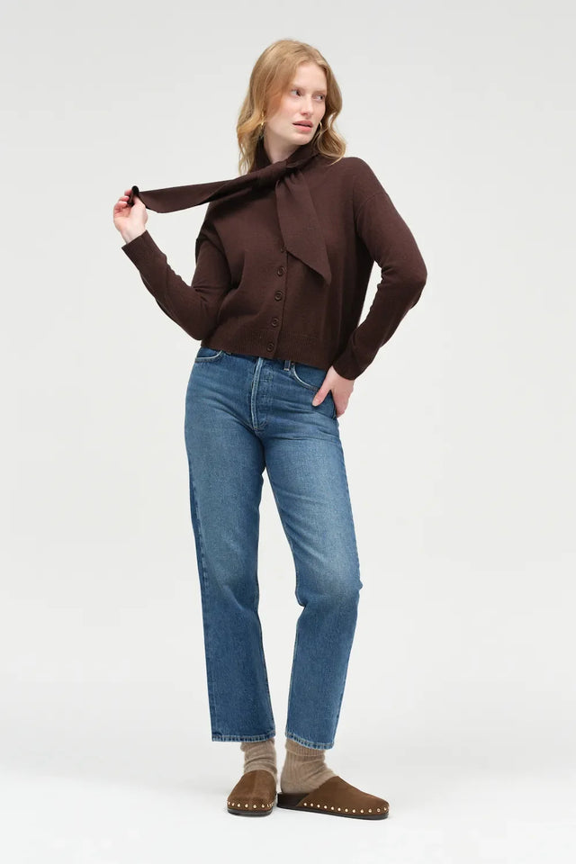 Chocolate Wool-Cashmere Tie Neck Cardigan image 3