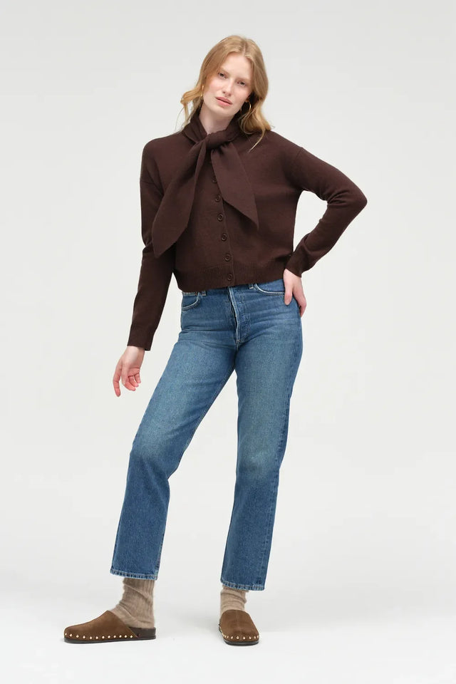 Chocolate Wool-Cashmere Tie Neck Cardigan image 2