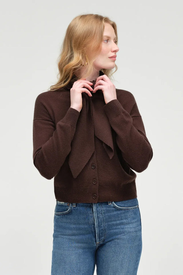 Chocolate Wool-Cashmere Tie Neck Cardigan image 4