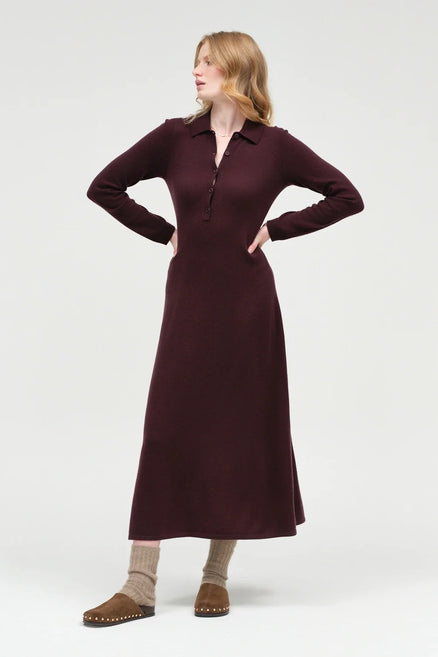 Aubergine Wool-Cashmere A-Line Polo Dress