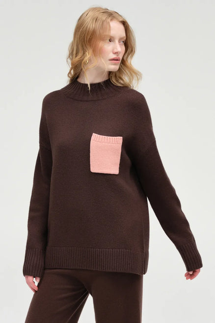 Chocolate Wool-Cashmere Pop Pocket Sweater