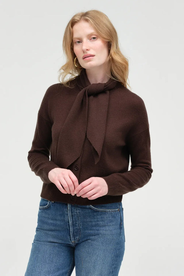 Chocolate Wool-Cashmere Tie Neck Cardigan image 5