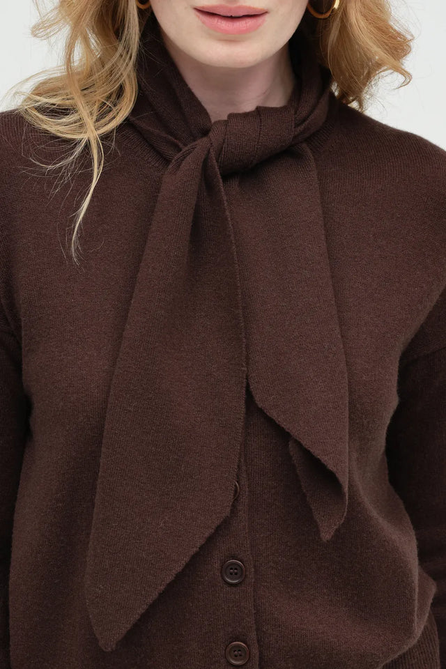 Chocolate Wool-Cashmere Tie Neck Cardigan image 6