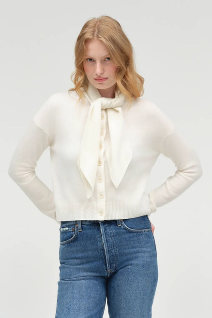 Cream Wool-Cashmere Tie Neck Cardigan