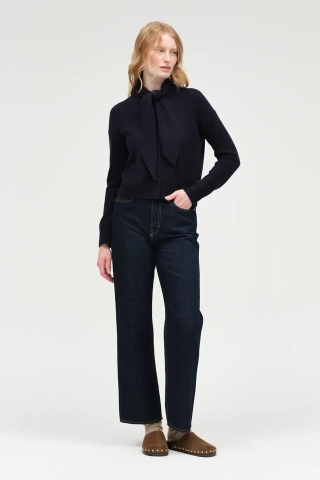 Navy Wool-Cashmere Tie Neck Cardigan image 3
