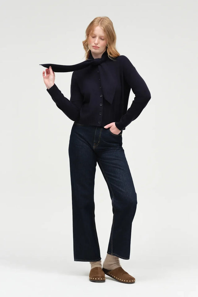 Navy Wool-Cashmere Tie Neck Cardigan image 2