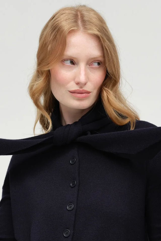 Navy Wool-Cashmere Tie Neck Cardigan image 5