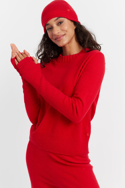 Velvet-Red Wool-Cashmere Ribbed Fingerless Gloves