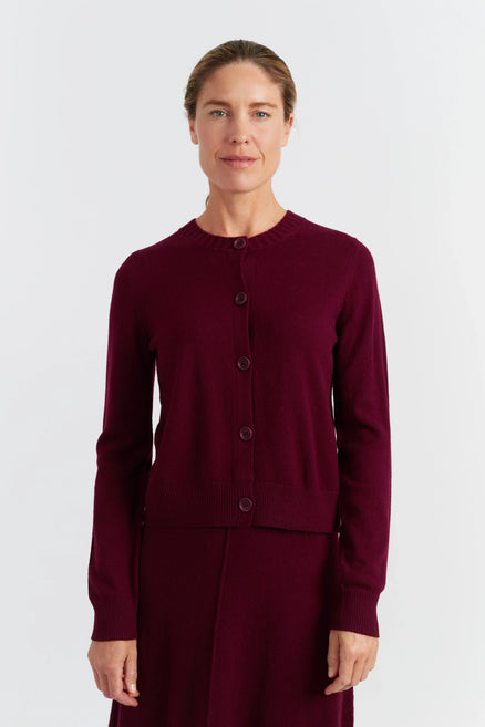 Claret Wool-Cashmere Crew Neck Cardigan