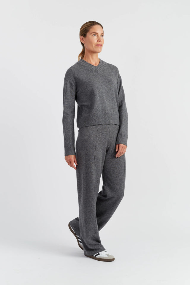 Grey Wool-Cashmere Ribbed V-neck Sweater image 2