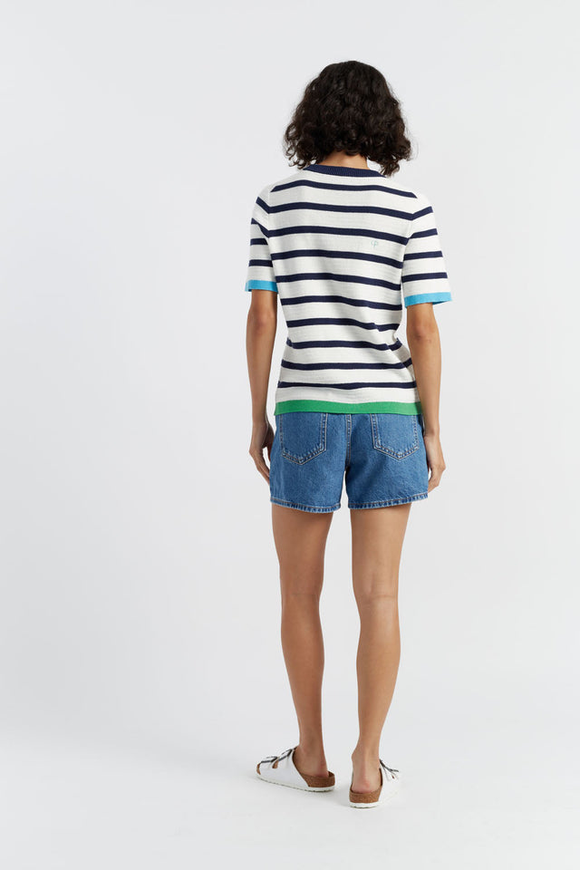 Cream-Navy Cotton Heart Breton Crochet T-Shirt image 2