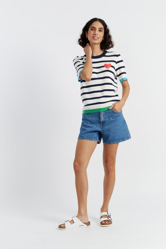 Cream-Navy Cotton Heart Breton Crochet T-Shirt image 1
