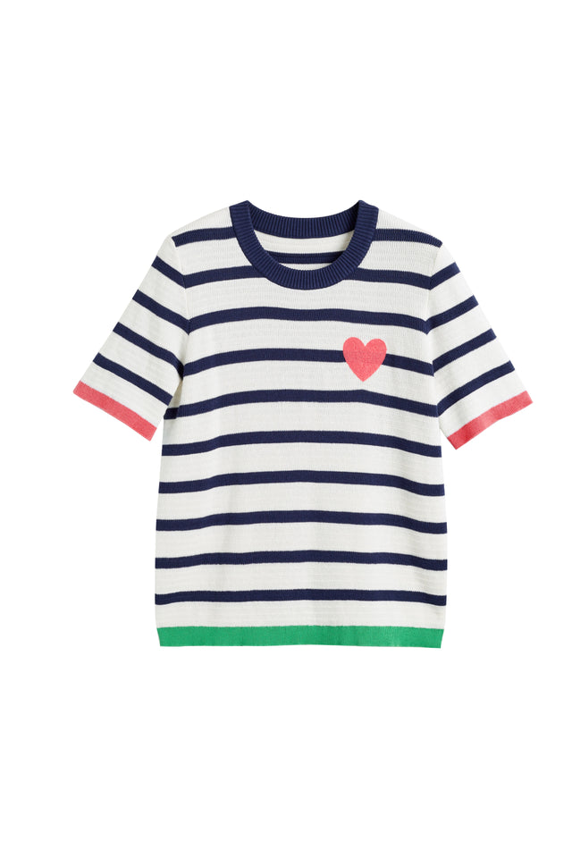 Cream-Navy Cotton Heart Breton Crochet T-Shirt image 3