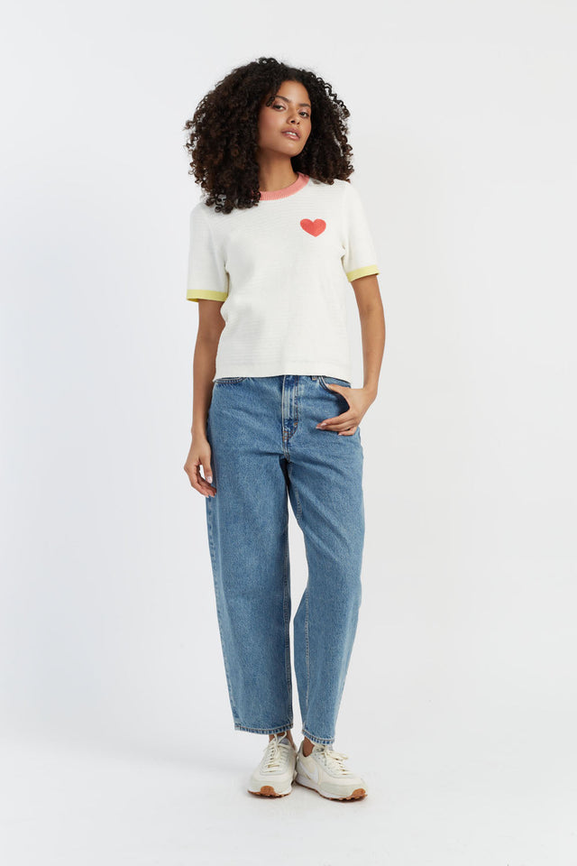 Cream Cotton Heart Breton Crochet T-Shirt image 1