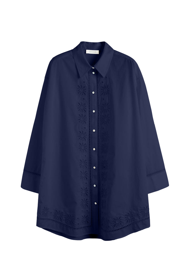 Navy Cotton-Lyocell Broderie Shirt Dress image 4