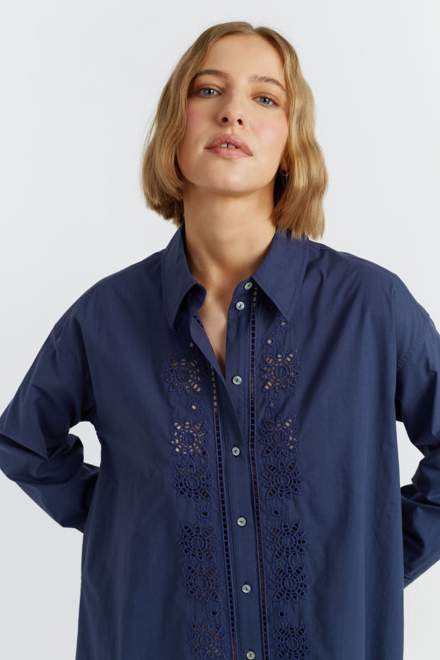 Navy Cotton-Lyocell Broderie Shirt Dress image 1