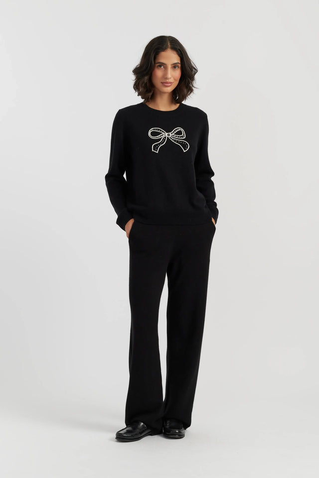 Black Wool-Cashmere Bow Embroidered Sweater image 2