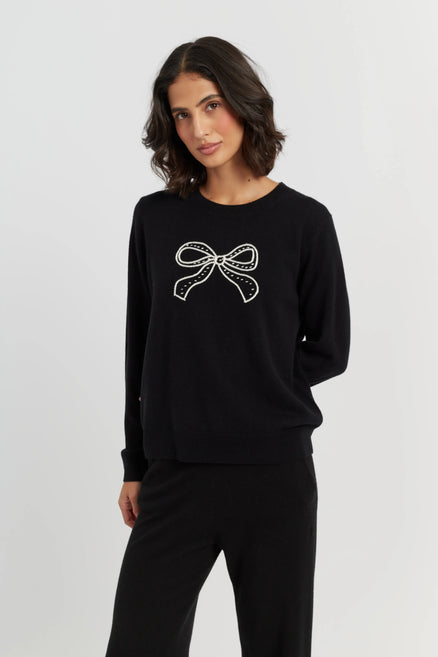 Black Wool-Cashmere Bow Embroidered Sweater