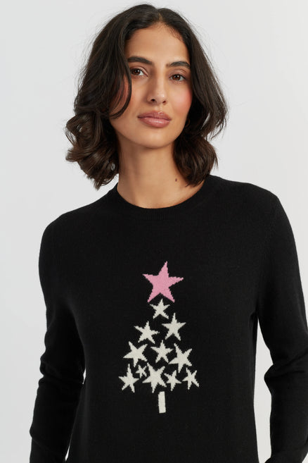 Black Wool-Cashmere Star Tree Sweater