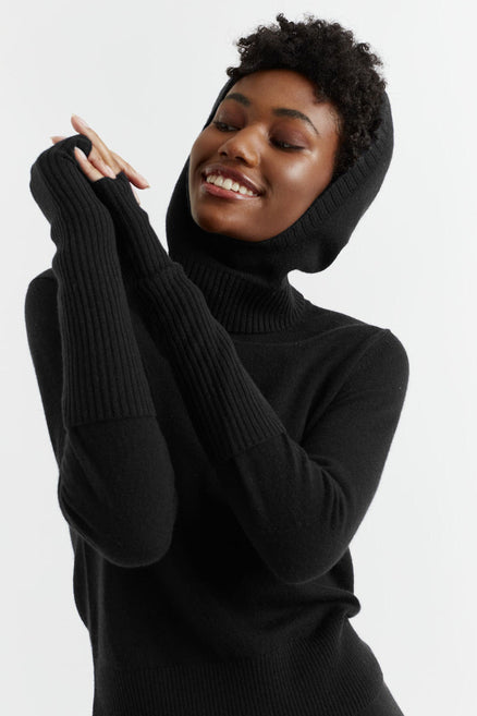 Black Wool-Cashmere Ribbed Fingerless Gloves