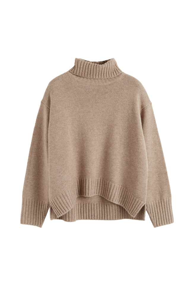 Warm-Oatmeal Pure Cashmere Relaxed Rollneck Sweater image 3