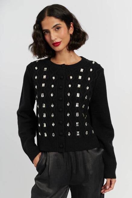 Black Pure Merino Jewelled Cable Cardigan