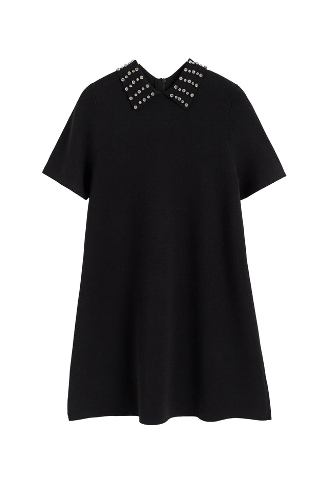 Black Pure Merino Jewelled Collar Dress image 6