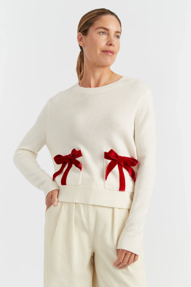 Cream Wool-Cashmere Velvet Bow Sweater image 1