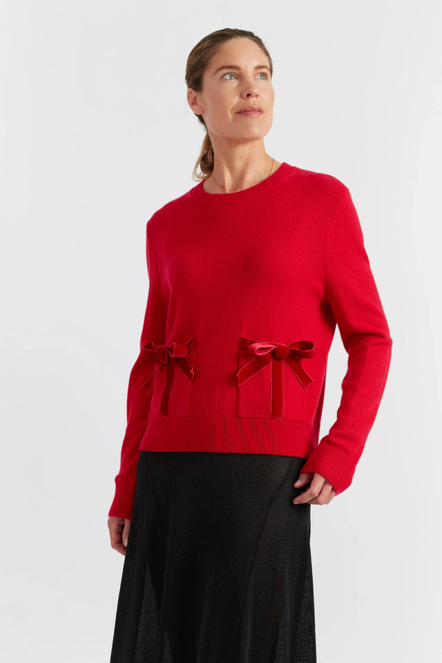 Velvet-Red Wool-Cashmere Velvet Bow Sweater image 1