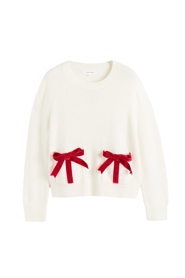 Cream Wool-Cashmere Velvet Bow Sweater image 4