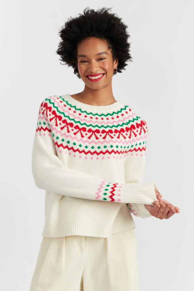 Cream Wool-Cashmere Bow Fairisle Sweater image 1