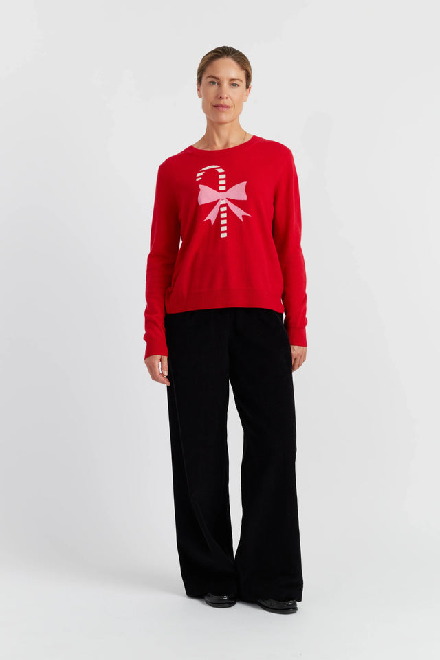 Velvet-Red Wool-Cashmere Candy Cane Sweater image 2