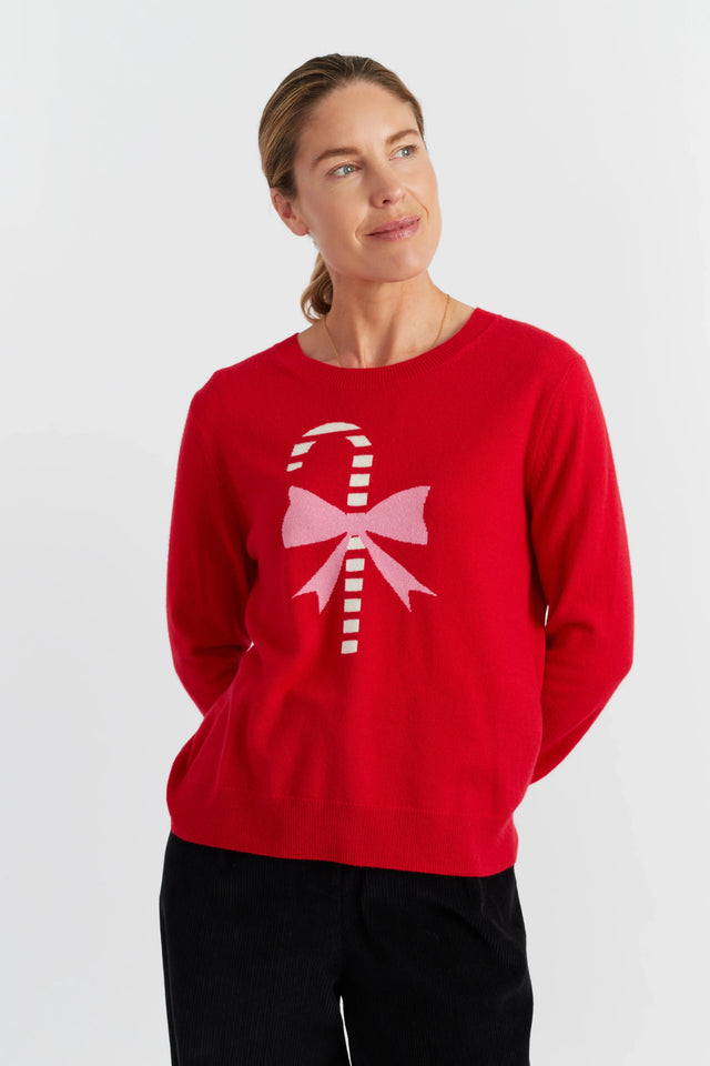 Velvet-Red Wool-Cashmere Candy Cane Sweater image 1