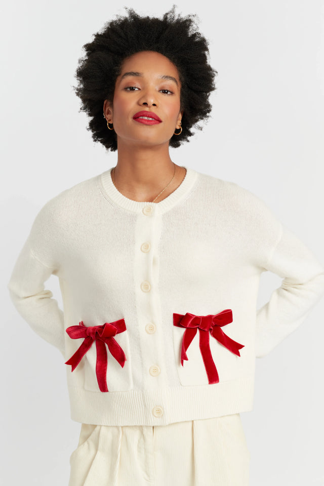 Cream Wool-Cashmere Velvet Bow Cardigan image 1