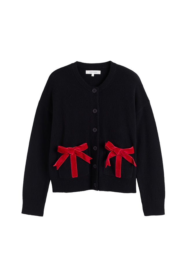 Black Wool-Cashmere Velvet Bow Cardigan image 4