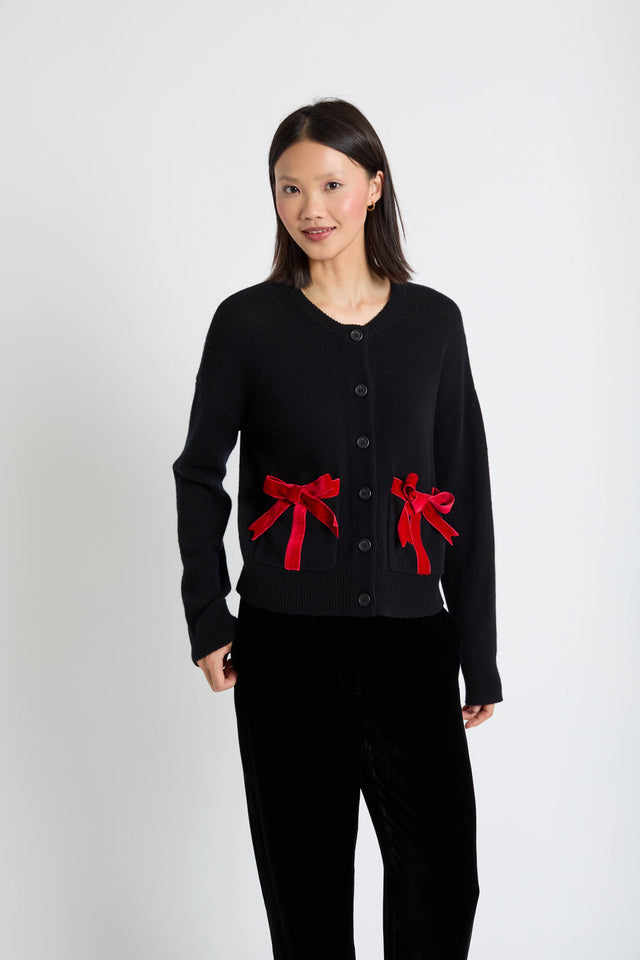 Black Wool-Cashmere Velvet Bow Cardigan image 1