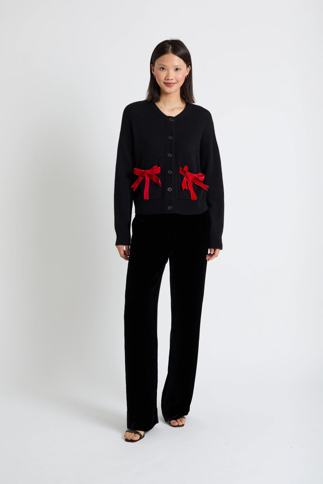 Black Wool-Cashmere Velvet Bow Cardigan image 2